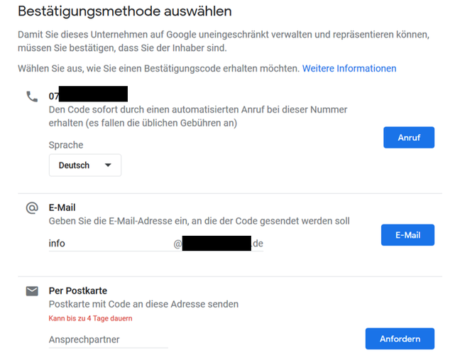 Bestätigungsmethode auswählen, um seinen Google Eintrag zu bestätigen