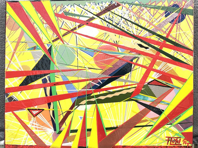 Abstraktes Gemälde „EXLUXION“ von Andreas Alka alias FLoYd, 50 × 40 cm: gelb-rote Linienkomposition mit geometrischen Formen – Darstellung der Entladung nach einem inneren Umbruch, Sinnbild für Klarheit und emotionale Spannung.