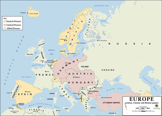 A World War I-era map of Europe shows Central, Allied, and Neutral powers in color-coded regions.