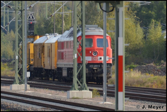 233 493-6 ist inzwischen für die DGT unterwegs und in gelb lackiert. Am 24. September 2014 wird die Maschine aus der z-Stellung im AW Chemnitz nach Cottbus überführt, wo die Lok ihre HU und neue Farbe bekommen hat. Hier steht die Fuhre am Asig in Chemnitz