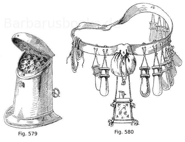 Fig. 579. Patronenbüchse eines kaiserlichen Arkebusiers für 13 Patronen aus Eisen, blank, mit Schwarzätzung geziert. Deutsch. Um 1570. Fig. 580. Patronenbandelier eines Musketiers mit Kugelbeutel und Zündkrautflasche. Nach Schön, Geschichte der Handfeuerw