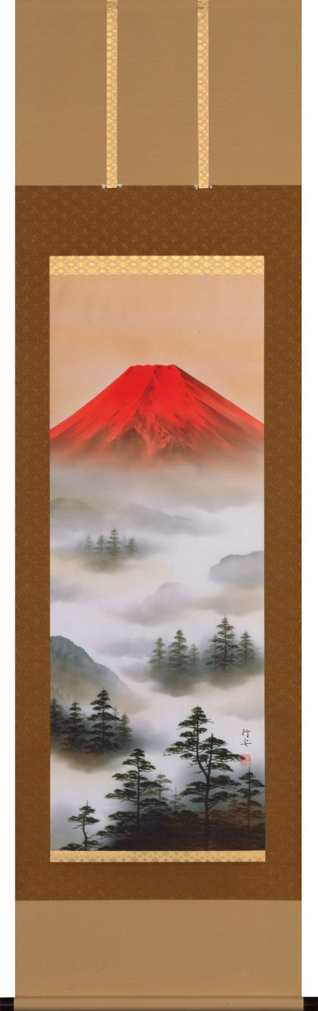 掛軸「赤富士山水」上野行安 尺五立（A-6800）