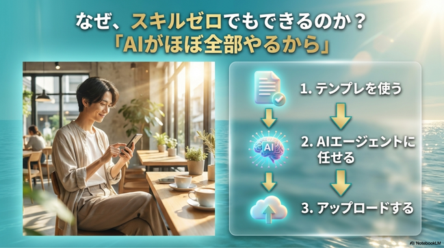 理由はシンプルです👇  👉 AIがほぼ全部やるから  あなたがやることはたったこれだけ👇  ・テンプレを使う ・AIに作らせる ・アップロードする   👉 これだけでOK