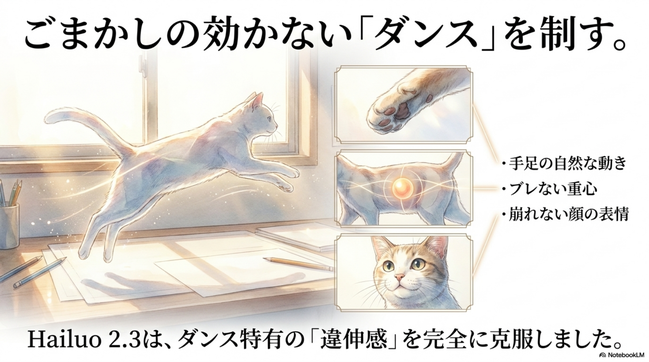 その点、  Hailuo AI 2.3は動きと表情の両方が  かなり安定しています。     特に、  1枚絵から動画にするimage-to-video機能が強く、  今回のような「猫画像を踊らせる」用途にかなり向いています。 