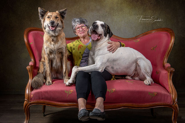 photographe pour chiens et leurs maîtres. Femme assise avec deux chiens sur un canapé avec éclairage de studio.