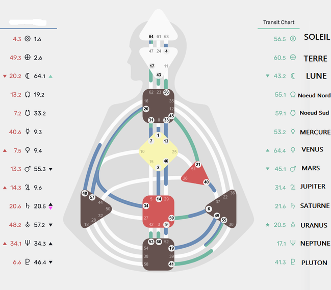 carte Design Humain ,côté droit la chartre d'une personne et côté gauche les transits actuels (en vert)
