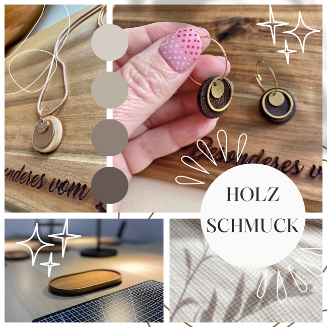 Ein Werbefoto für unseren Workshop Holzschmuck selbst herstellen. Darauf sind verschiedene Ketten und unsere Workshop Raum zu sehen