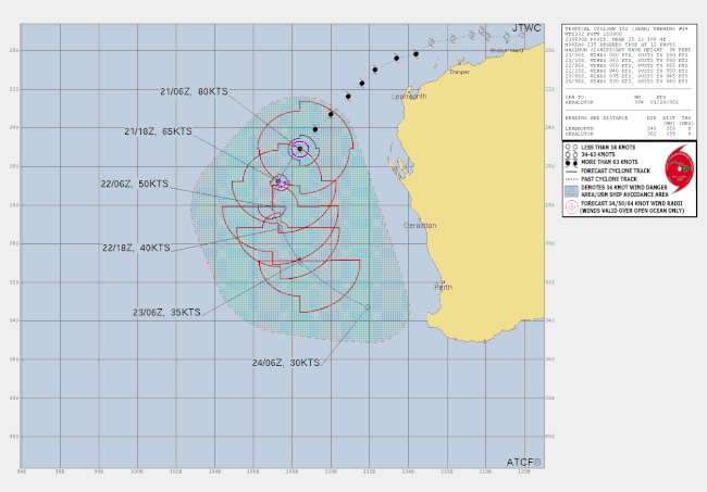 Forecast track map of tropical cyclone Sean off the Pilbara coast, Tuesday January 21 2025. From JTWC