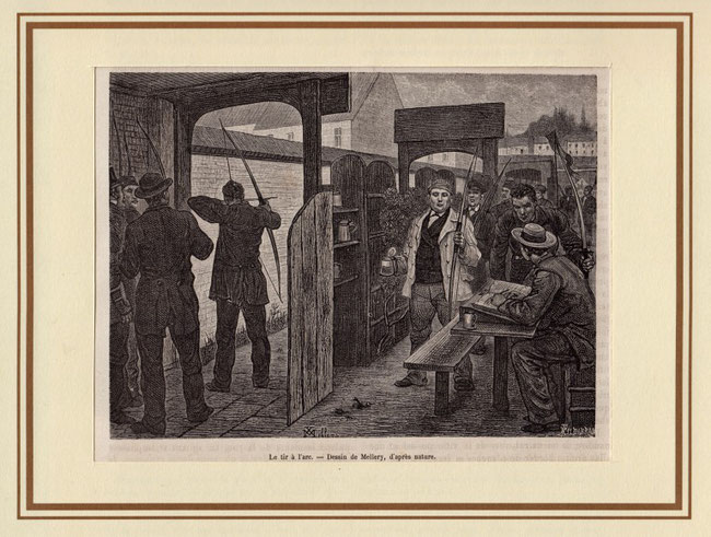 Le tir à l`arc (Das Bogenschiessen) - Holzstich von 1880