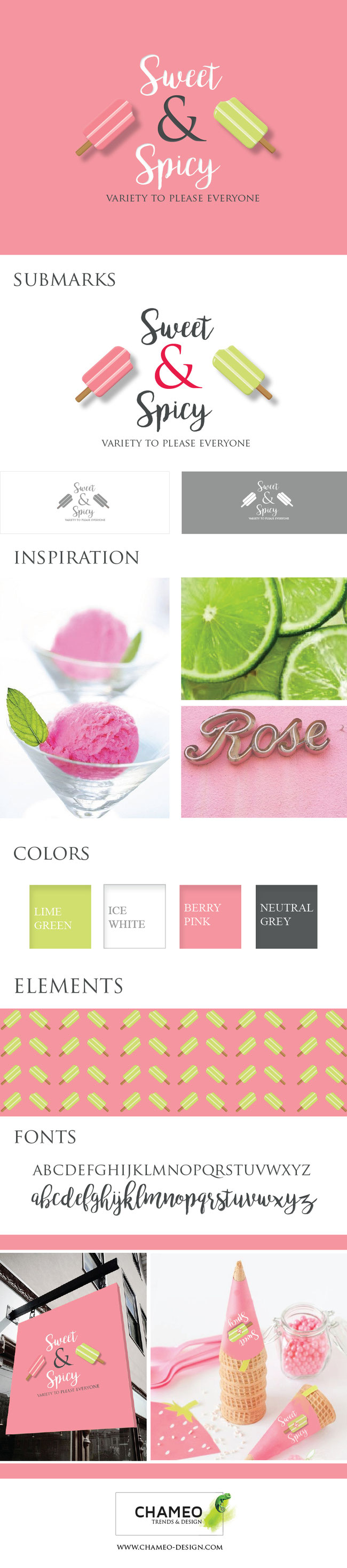 Sweet + Spicy branding chameo design graphic logo pink green ice cream popsicle latin snacks