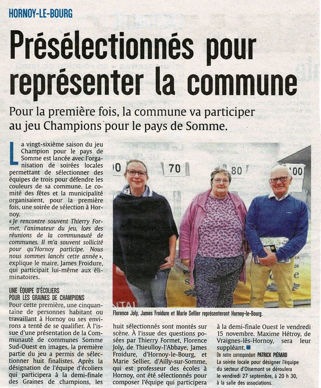 Soirée d'Hornoy le bourg - Article du Courrier Picard - 26 septembre 2019