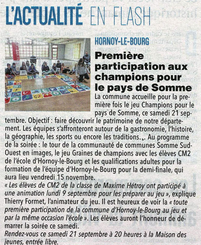 Soirée d'Hornoy le bourg - Article du Courrier Picard - 21 septembre 2019