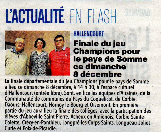 Finale d'Hallencourt - Article du Courrier Picard - 7 décembre 2019