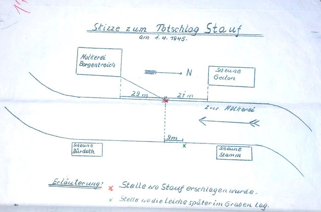 Tatortskizze des Verbrechens an Josef Stauf.