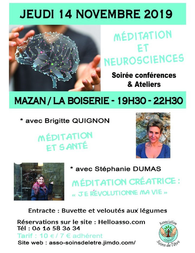 Conférence Méditation et Neurosciences - asso Soins de l'Etre - MAZAN - salle de la Boiserie - Jeudi 14 novembre