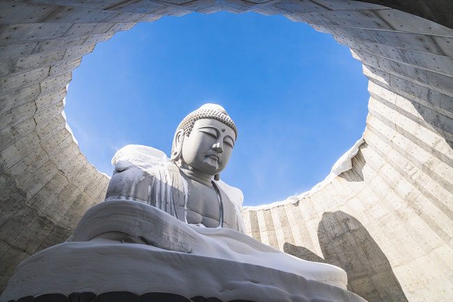 青空と雪の頭大仏(清野霊園)