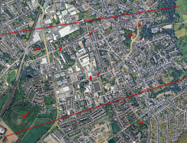 Kohlscheids "bergbauliche Aachse" - Markierungen im Satelittenbild von (c) Google Earth 2025