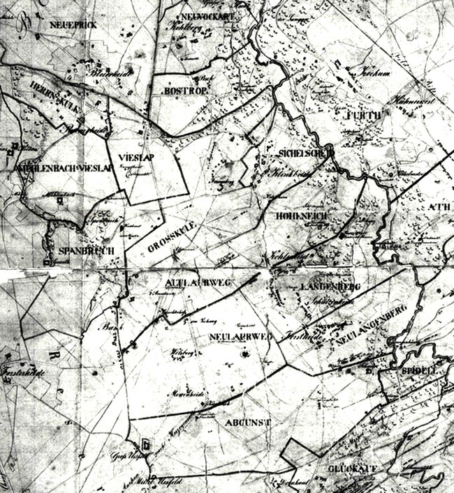 Ausschnit der Karte vom Wormreviere nach 1800 - Alte Kohlscheider Gruben