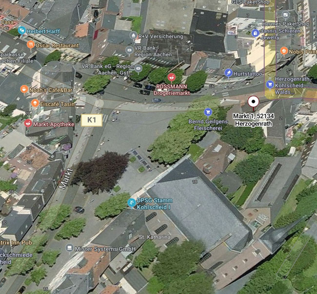 Kohlscheid Markt mit der Kirche St. Katharina     (c) Microsoft Bing Map 2025