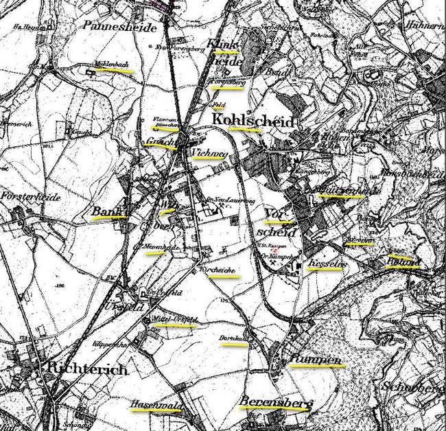 Preußische Neuaufnahme (c) Tim-Online - Alte Ortslagen Gemeinde Pannesheide markiert