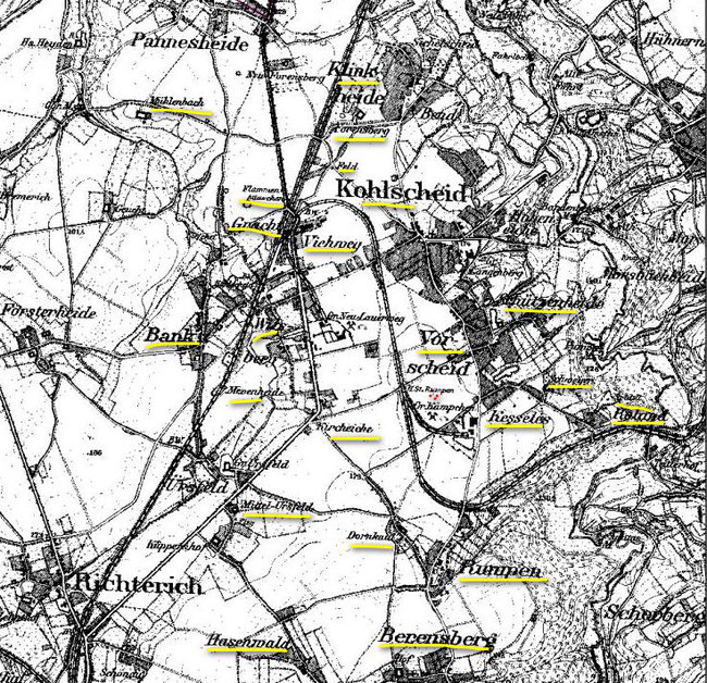 Preußische Neuaufnahme (c) TIM-Online - Alte Ortslagen Gemeinde Pannesheide markiert