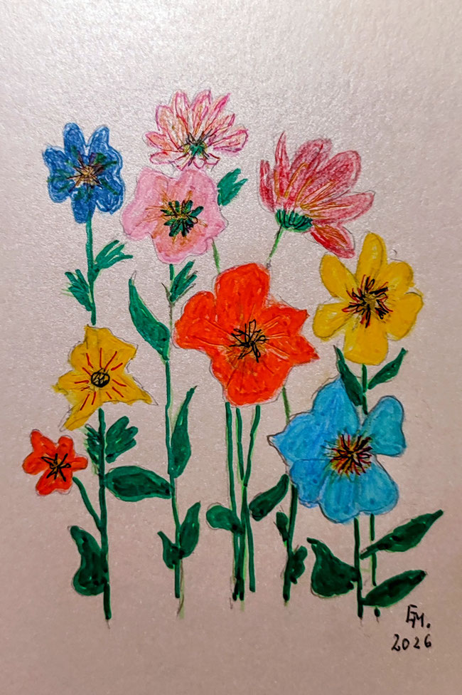 Handgemaltes Blumenbild auf gelblichem Papier. (c) EM
