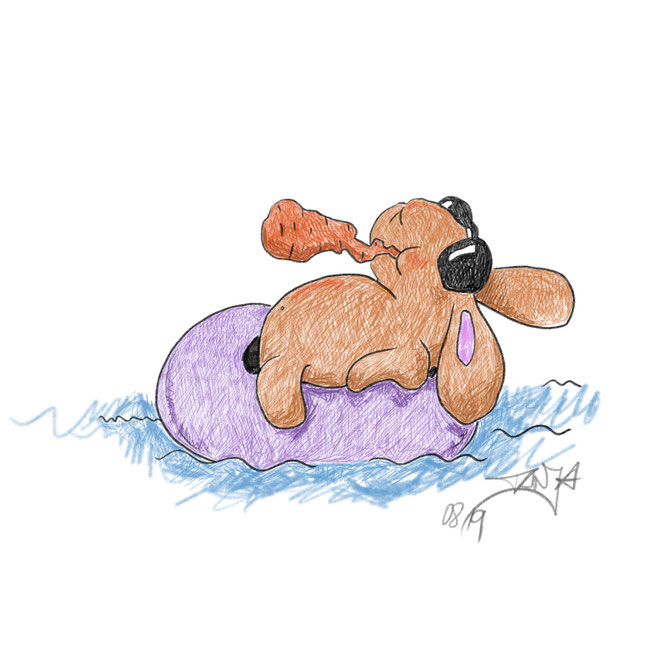 Hasi ist im Urlaub und lässt es sich gut gehen. Die Sonne scheint und treibt gemütlich auf einem Schwimmreifen im Meer. Auch wenn es wie Bleistift aussieht - die Zeichnung ist digital mit Photoshop entstanden.