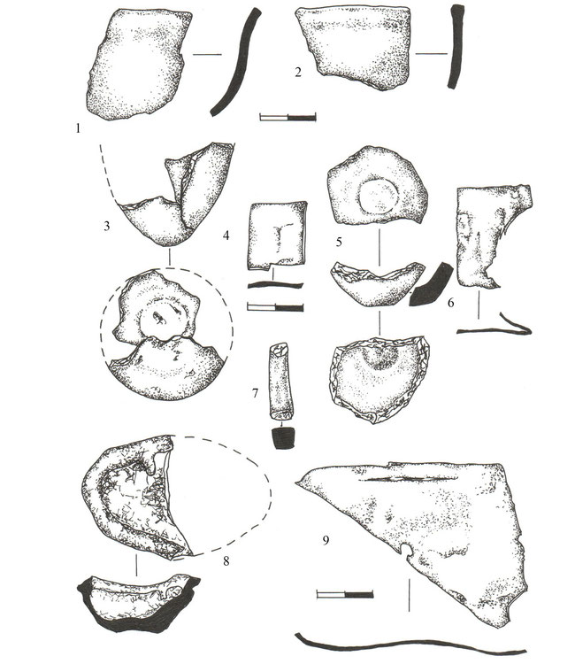 Мал. 4.  Фрагменти тиглів та бронзової обрізі, знайдених на території Кам’янської Січі