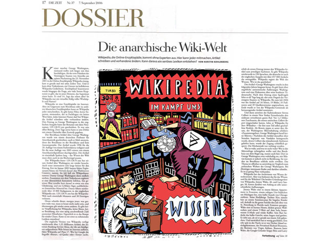 Für das Dossier der Wochenzeitung „Die Zeit" zeichnete der Berliner Illustrator Niels Schröder diese Illustration zum Thema des Wettbewerbs der Lexika-Verlage mit Wikipedia. © Niels-Schroeder