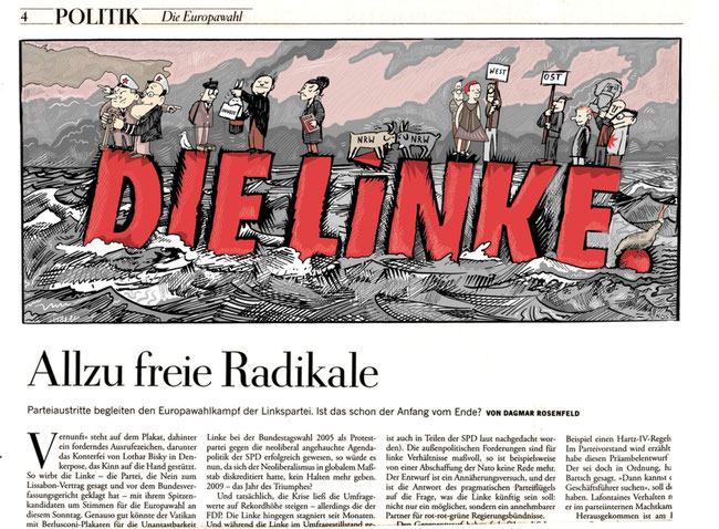 Für die Wochenzeitung „Die Zeit" schuf der Illustrator Niels Schröder diese Zeichnung: Zu sehen ist die Parteiführung der Partei „Die Linke".