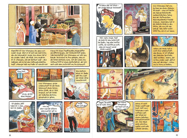 Niels Schroeder zeichnete diese Doppelseite für die Graphic-Novel „I got Rhythm" von Caroline Gille und Niels Schröder über das Leben der Jazzlegende Coco Schumann. © be.bra verlag / niels schnöder