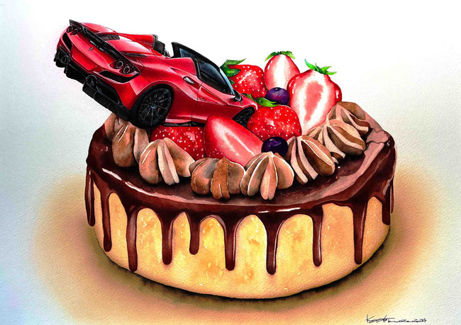 車絵イラスト　フェラーリF8とケーキ