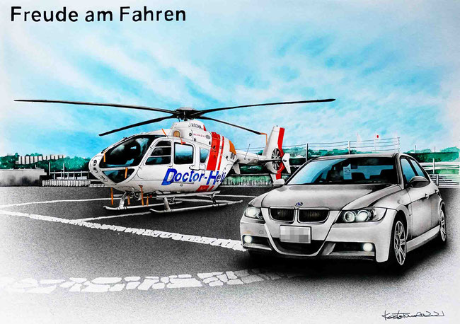 車絵イラスト　BMWとドクターヘリ