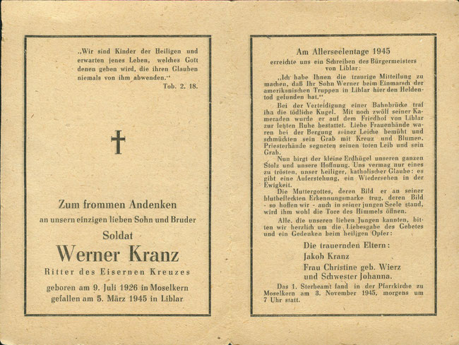 Werner Kranz war der letzte Kriegsgefallene in Erftstadt.