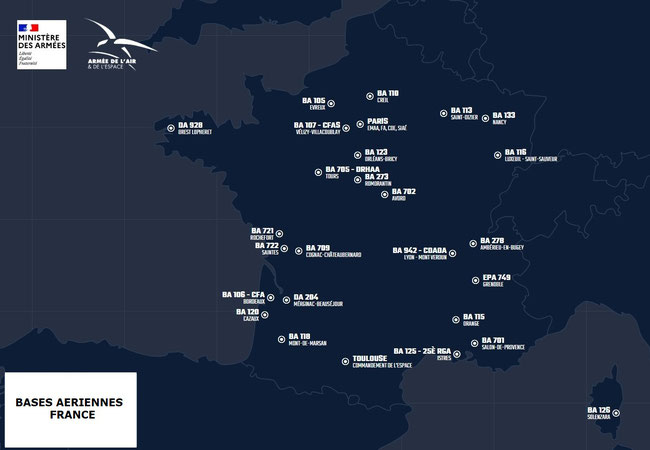 Sources @ Ministère des Armées / Armée de l'Air & de l'Espace - Toutes les bases en France