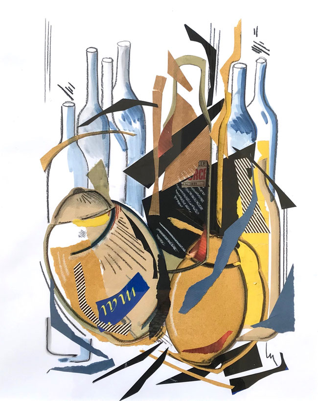 LES OBJETS FAMILIERS- Collages- 50 X 70cm- encadrement noir-