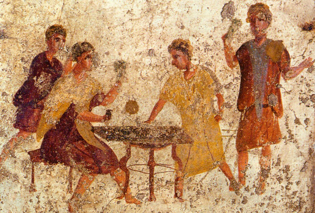 Joueurs de dés. Fresque romaine ornant l’arrière-salle de l’Osteria della Via di Mercurio, à Pompéi.