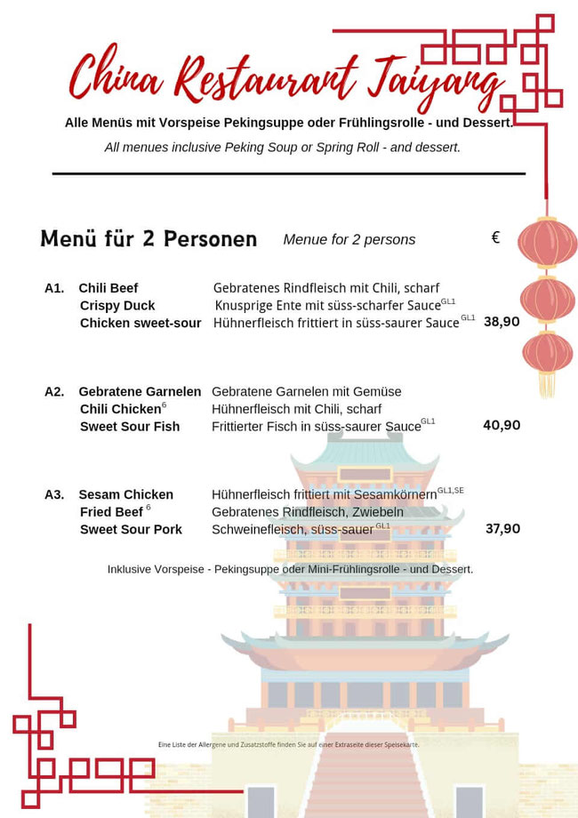 chinesische Menüs für 2 Personen