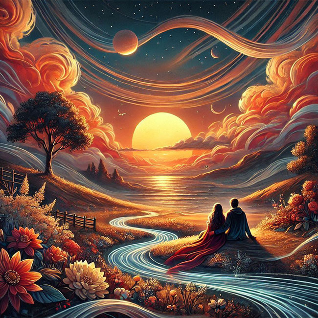 In einer abendlichen Landschaft sitzt ein Pärchen, das gemeinsam in den Sonnenuntergang schaut. Erstellt mit Microsoft Designer.
