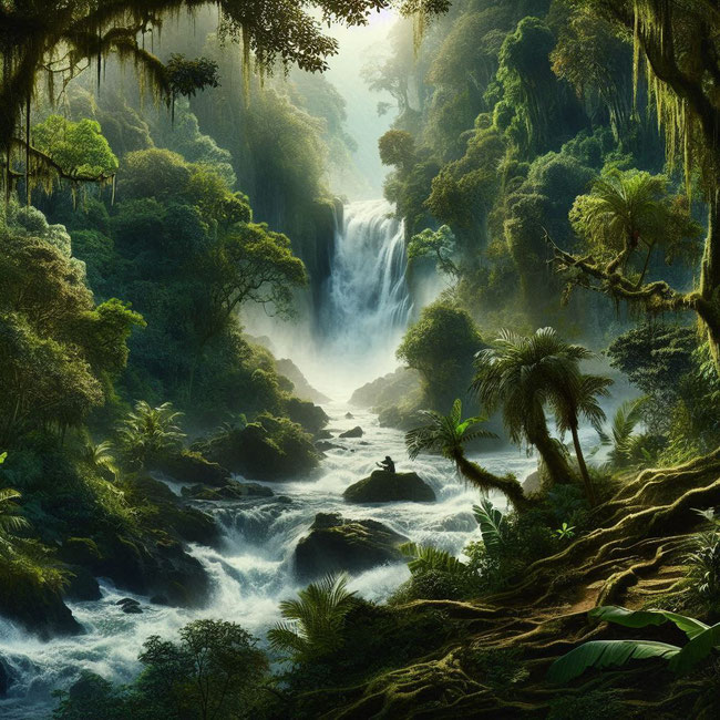 Ein Fluss durchschneidet den Urwald und stürzt in einem tosenden Wasserfall in die Tiefe. Erstellt mit Microsoft Designer.