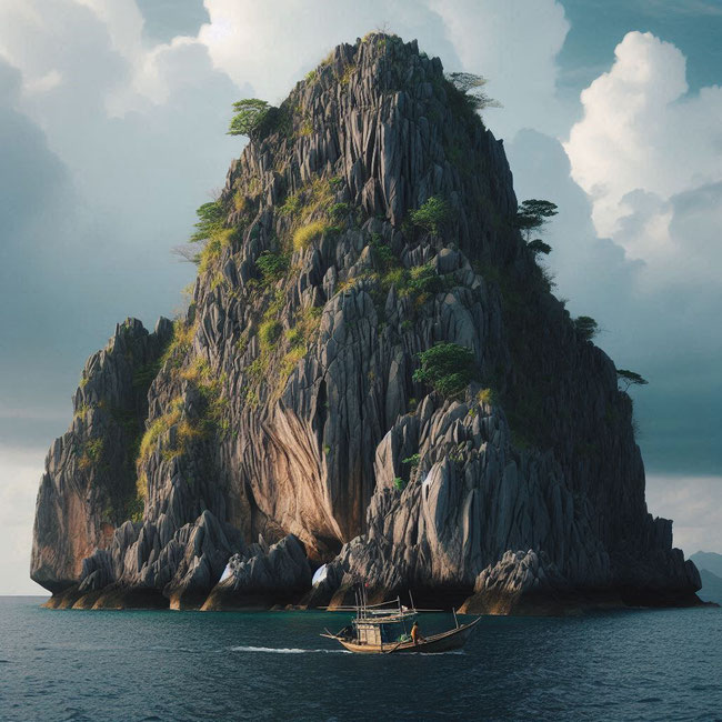 Die steinige tropische Insel ragt wie ein schroffer Felsen mitten aus dem Meer. Auf dem Wasser schwimmt ein kleines Fischerboot. Erstellt mit Microsoft Designer.