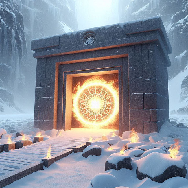 Ein großes Tor aus Eis und hellem Gestein, verschlossen durch ein brennendes Feuersiegel, umrahmt von einer unüberwindbaren Felsmauer. Schnee bildet den Untergrund. Generiert mit Microsoft Designer.