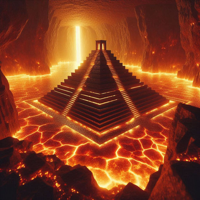 Inmitten eines unterirdischen Sees aus Magma ragt eine Stufenpyramide auf einem Felsen hervor. Aus ihrem Inneren führen Stufen abwärts in den feurigen Untergrund. Erstellt mit Microsoft Designer.