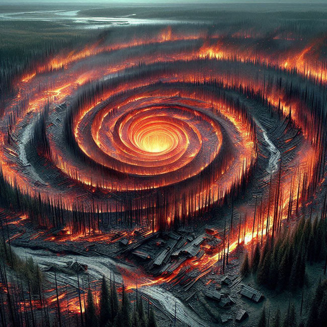 Die breite Feuerschneise aus verbrannter Natur und zerstörten Dörfern beschreibt eine großflächige Spirale, in deren Mittelpunkt es mit rotem Glühen brodelt. Erstellt mit Microsoft Designer.