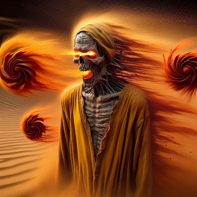 Die menschliche Gestalt ist dürr, gekleidet in einem schmutzigen gelben Kaftan. Aus Augen und Mund scheint Feuer. Um seinen Kopf herum drehen sich drei Windwirbel aus rotem Sand. Erstellt mit Microsoft Designer.