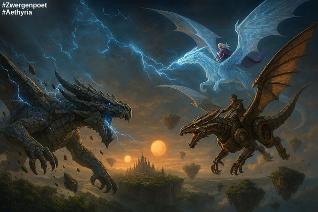 Links ein gewaltiger Erddrache, rechts ein Drache mit mechanischen Gliedmaßen und ein ätherisches Drachenwesen, aus dem Blitze zucken. Sie bestreiten über einer Insellandschaft ein Wettrennen unter zwei Sonnen.