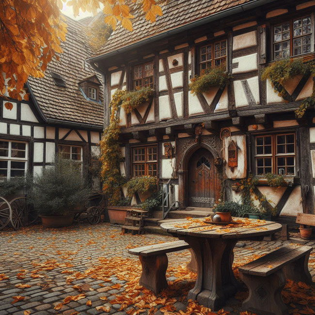 Vor dem Fachwerkhaus steht ein rustikaler Tisch. Herbstliches Laub liegt verstreut auf den Pflastersteinen des Hofes. Erstellt mit Microsoft Designer.