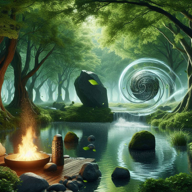 Im Vordergrund eine Feuerschale auf einem Steg an einem Teich im Wald. Am anderen Ufer ein Monolith, rechts daneben ein Windwirbel. Generiert mit Microsoft Designer.