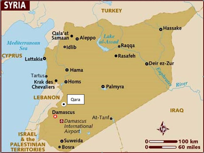 Notre village de Qara est situé à la frontière Libanaise, sur l'autoroute entre Homs et Damas.