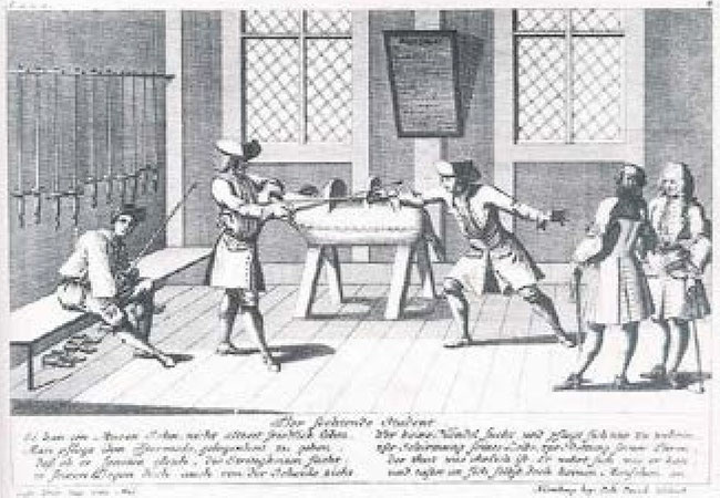 Johann Georg Puschner, Der fechtende Student. Der Kupferstich von 1725 zeigt eine Szene auf dem Fechtboden der Universität Altdorf
